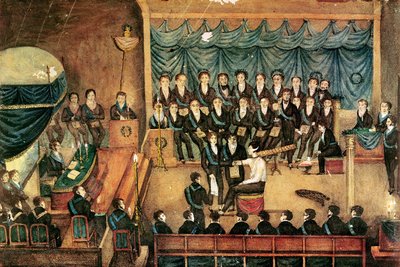 Inwijdingsceremonie van een mannelijke vrijmetselaar, begin 19e eeuw door French School