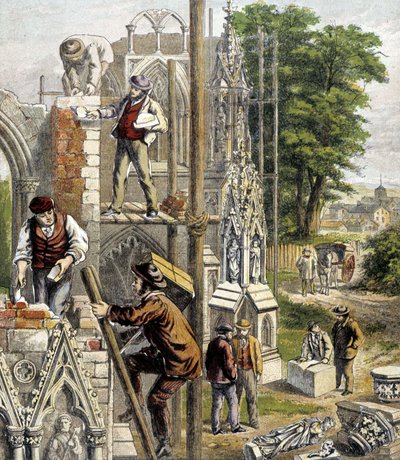 Metselaars op de bouwplaats van een kathedraal - in "Winkel van Kleine Kinderen", "De beroepen", Hachette, circa 1900. door French School