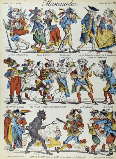 Maskerade: gemaskerde karikatuurfiguren - Afbeelding van Epinal door French School