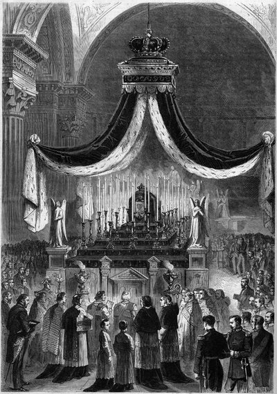 Mis gevierd in de Kerk van de Madeleine, in Parijs, 21 november 1861, ter nagedachtenis aan Koning Peter V (Pedro V) en zijn broer, Fernand (Fernando) van Portugal. Gravure in 