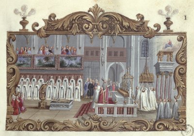 Mis gewijd aan St. Genevieve, uit een manuscript, 1709 door French School