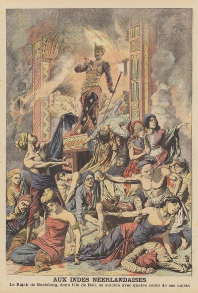 Massale zelfmoord in Nederlands-Indië (kleur litho) door French School