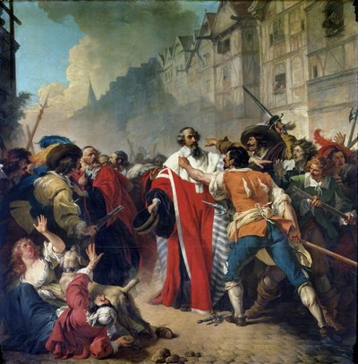 Mathieu Mole gestopt door de Parijse menigte op zijn terugkeer van een bezoek aan Mazarin en Koningin Anna van Oostenrijk, 1879 door French School