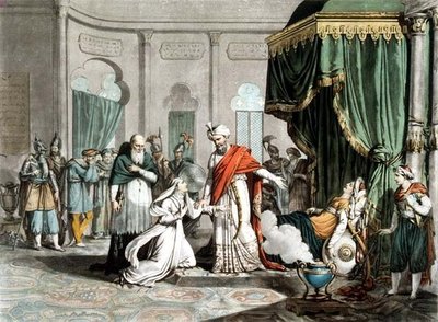 Mathilda vraagt Saladin om het lichaam van Malek-Adhel, gegraveerd door Pierre Michel Alix (1762-1817) door French School