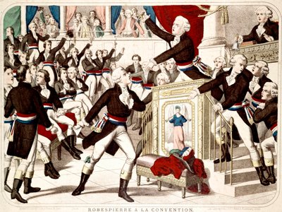 Maximilian Robespierre bij de Conventie (Zitting van 19 Thermidor 1794), Jean Lambert Tallian bedreigt Robespierre met een mes - Populaire gravure uit die tijd door French School