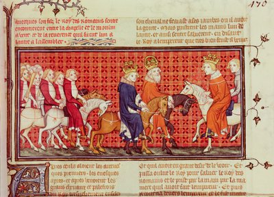 Ontmoeting tussen Karel V (1338-80) van Frankrijk en Heilige Roomse Keizer Karel IV (1316-78) Vergezeld door de koning van de Romeinen, uit Grandes Chroniques de France door French School