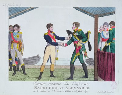 Ontmoeting tussen Napoleon I en Alexander I, in Tilsit, 25 juni 1807 door French School