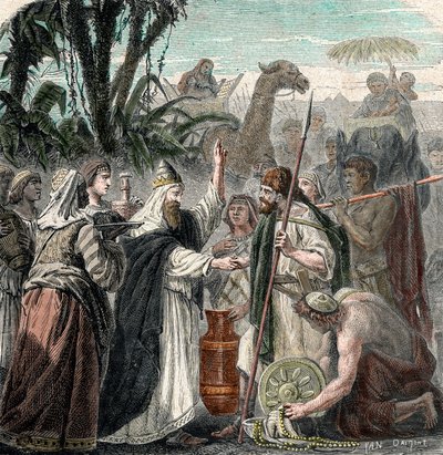 Ontmoeting van Abraham en Melchizedek (gravure) door French School