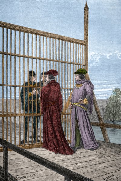 Ontmoeting van koning Edward IV en Lodewijk XI van Frankrijk in Pecquigny - Verdrag van Picquigny (departement van de Somme) op 29 augustus 1475 tussen Lodewijk XI en Edward IV beëindigt de Honderdjarige Oorlog - gravure in 