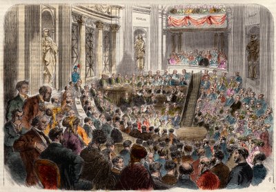 Bijeenkomst van de Franse academie op 23 april 1868. Ontvangst van Monsieur Jules Favre (1809-1880), Franse politicus. Gravure in L