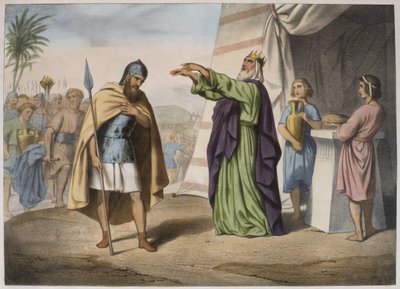 Melchizedek zegent Abraham, illustratie uit een catechismus L
