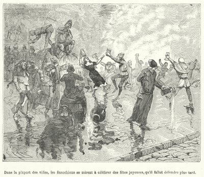 Leden van de Basaoche, een gilde van klerken, vieren een festival op de straten van een middeleeuwse Franse stad (gravure) door French School