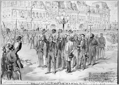 Leden van de voorlopige regering inspecteren de Nationale Garde buiten het stadhuis van Parijs op 31 oktober 1870, ca. 1870 door French School
