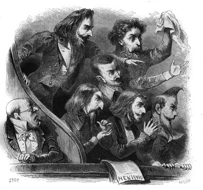 Leden van de romantische literaire beweging bij de eerste voorstelling van Victor Hugo