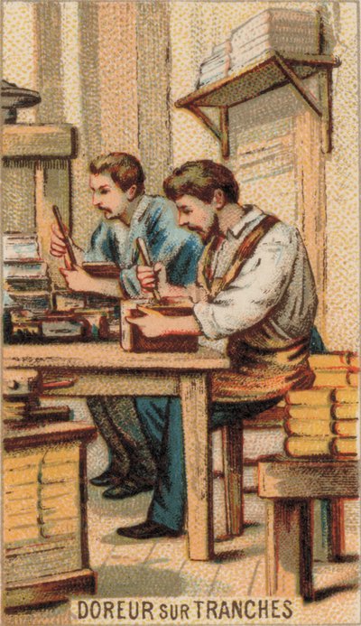 Mannen vergulden boeken met goud (chromolitho) door French School