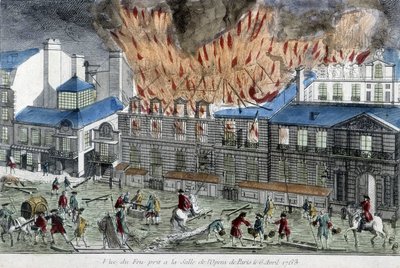 Mannen proberen het vuur van de Parijse opera te blussen in 1763. door French School