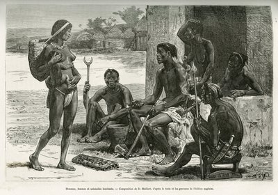Mannen, vrouwen en gebruiksvoorwerpen (Bihe-regio, Rwanda). Gravure door D. Maillart, ter illustratie van het verhaal hoe ik Afrika doorkruiste, van de Atlantische Oceaan naar de Indische Oceaan, door Majoor Serpa Pinto, in 1877-1878, gepubliceerd in de To door French School