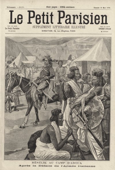 Menelik II, Keizer van Ethiopië, in het kamp van Adwa na de nederlaag van het Italiaanse leger, Eerste Italiaans-Ethiopische Oorlog door French School
