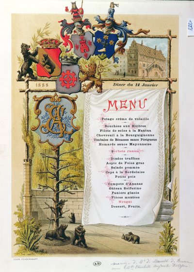 Menu, mogelijk van Le Bernois, 14 januari 1888 door French School
