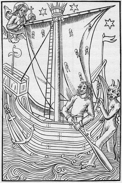 Koopvaardijschip uit de Middeleeuwen te midden van de gevaren van de zee. Gravure in 