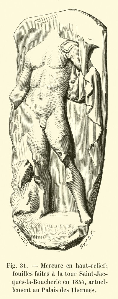 Mercurius in hoog-reliëf; opgravingen gedaan bij de toren Saint-Jacques-la-Boucherie in 1854, momenteel in het Thermenpaleis door French School