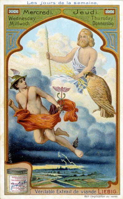 Mercurius en Jupiter spelen woensdag en donderdag. 19e-eeuwse reclame voor 