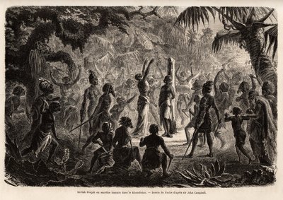 Meriah Pujah of mensenoffer, Khondistan (Engelse Indië). Tekening door Fuchs, ter illustratie van Major John Campbell