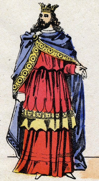 Merovingische dynastie: Portret van Childerik III (714-755) Koning der Franken van 743 tot 751. Epinal afbeelding uit het einde van de 19e eeuw. Privécollectie. door French School