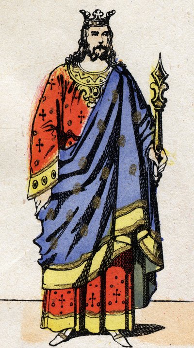 Merovingische dynastie: Portret van Dagobert III (699-715) Koning van de Franken van 711 tot 715. Epinal afbeelding eind 19e eeuw. Privécollectie. door French School
