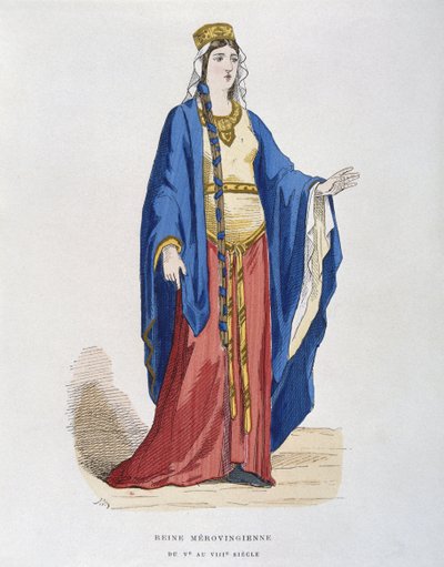 Merovingische koningin, van 5e tot 8e eeuw, uit Costumes civils et militaires des francais a travers les siecles door French School