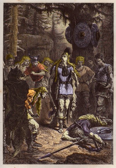 Merovingen: Clovis I slaat de soldaat neer die de vaas van Soissons had gebroken, in 486 - Clovis (465-511) en de Frankische krijger die de vaas van Soissons brak in 486 - gravure uit 