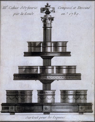 Metaalwerk: een set likeurbekers op een standaard, 1780-96 door French School
