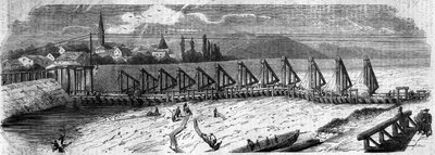 Meteorologisch fenomeen: uitdroging van de Rijn in 1858. Uitzicht op de Kehl-brug (Duitsland), stroomafwaarts genomen vanaf de Franse kust. Gravure in 