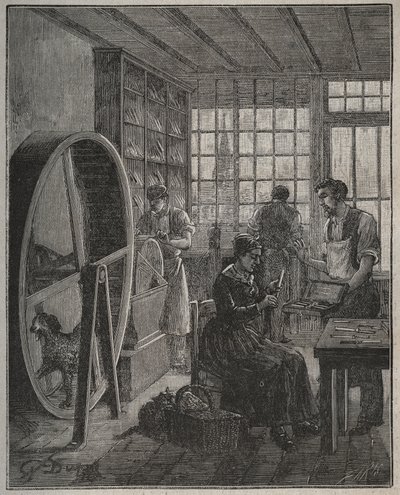 Beroep en ambachtsman: een messenwinkel in de provincie in de 19e eeuw. Gravure uit 1885 in 