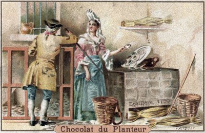 Verdwenen beroep: afbeelding van een oestervrouw, met een typische muts, in Parijs in 1750 door French School