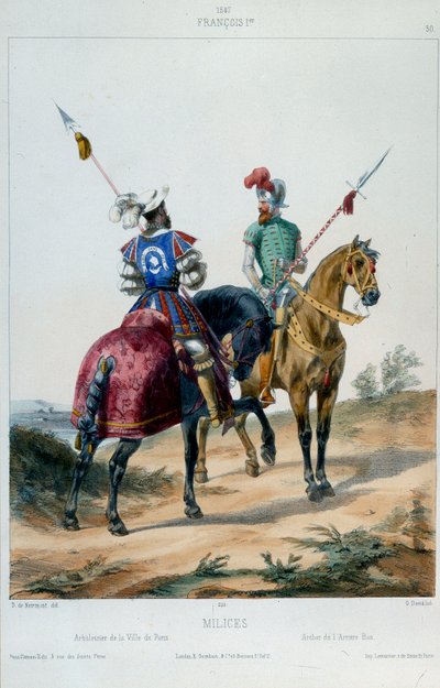 Militaire uniformen: milities onder Frans I, kruisboogschutter van de stad Parijs en boogschutter van de achterban in 1547 door French School