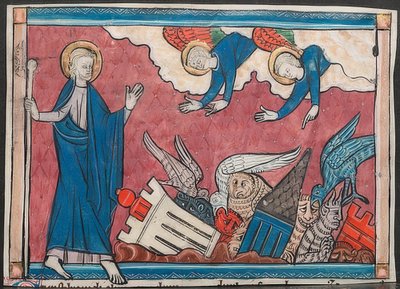 Miniatuur uit een manuscript van de Apocalyps: De val van Babylon door French School