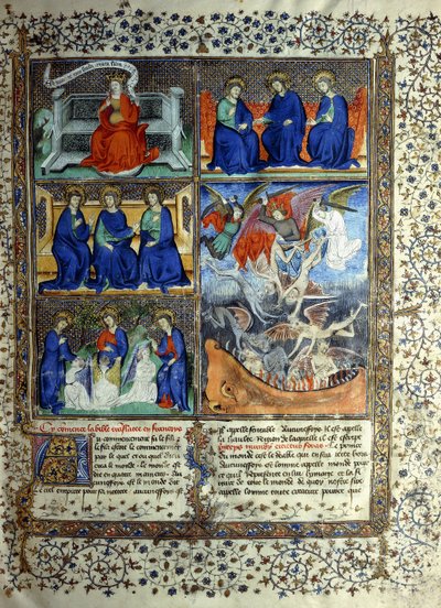 Miniatuur die het Koninkrijk der Hemelen voor de schepping voorstelt: Sapientia, de Drie-eenheid, en de Verdrijving van Lucifer uit de Hemel, c.1410 door French School
