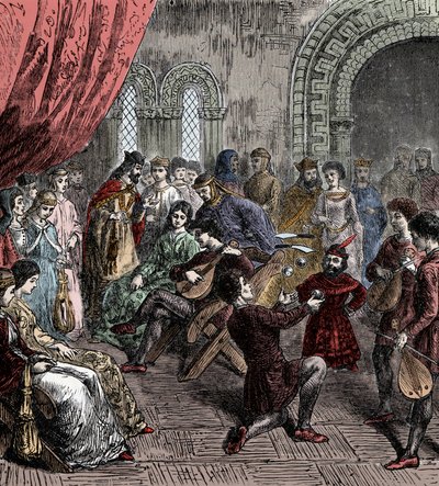 Minstrelen en jongleurs aan het hof door French School