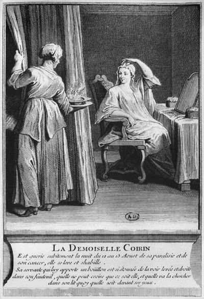 Wonderbaarlijke genezing van de verlamming en kanker van Demoiselle Coirin, op het graf van Diaken François de Paris op de parochiebegraafplaats Saint-Médard in Parijs, illustratie uit La vérité des miracles de M door French School