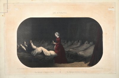 Miss Nightingale in het ziekenhuis in Scutari, uitgegeven door Jacomme et Dufat, Parijs, 1856 door French School