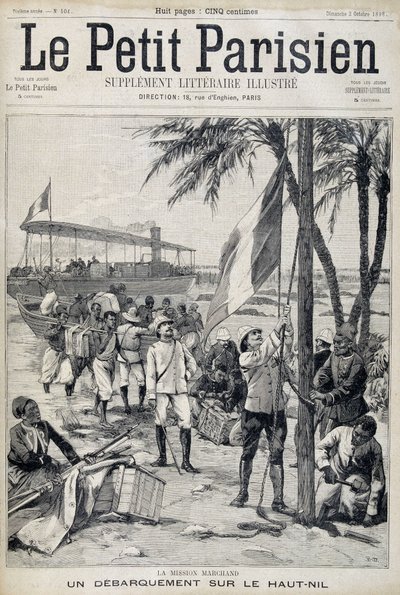 Mission Marchand: landing aan de bovenloop van de Nijl - in "Le Petit Parisien" van 02/10/1898 (gravure) door French School