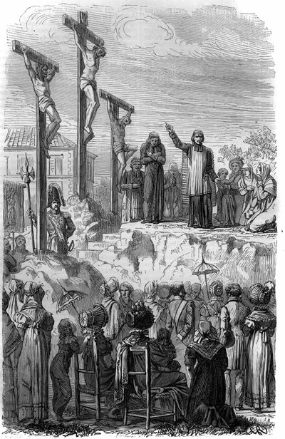 Missies georganiseerd door de Jezuïeten in Frankrijk in de 19e eeuw. Gravure in "Histoire des Papes-Rois-Queen and Empereurs a travers les siècles" door Maurice Lachatre door French School