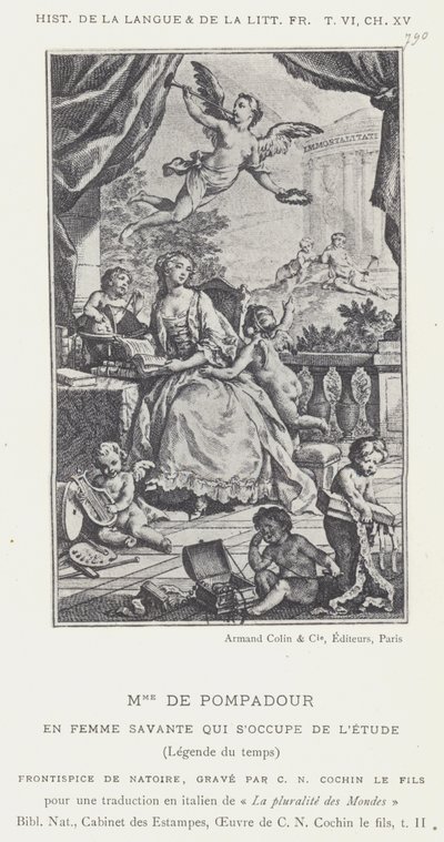 Mme De Pompadour, als geleerde vrouw die zich bezighoudt met studie, legende van de tijd (litho) door French School