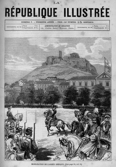 Mobilisatie van het Griekse leger in de straten van Athene. Je kunt de Akropolis en het Parthenon zien. Een krant. Gravure uit 1880 in 