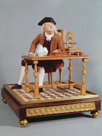 Model van Benjamin Franklin (1706-90) aan zijn tafel, eind 18e eeuw door French School