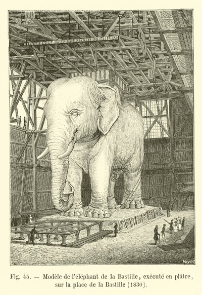 Model van de olifant van de Bastille, uitgevoerd in gips, op het plein van de Bastille, 1830 door French School