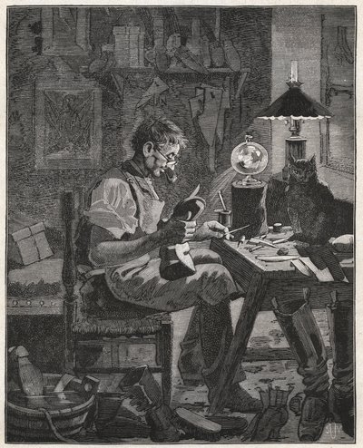 Moderne toepassing door een schoenmaker van de Pila Vitrea. Glazen bol gevuld met water om tussen een persoon en het object dat ze bekijken te plaatsen om het te vergroten en beter zichtbaar te maken. Gravure uit 1885 in 