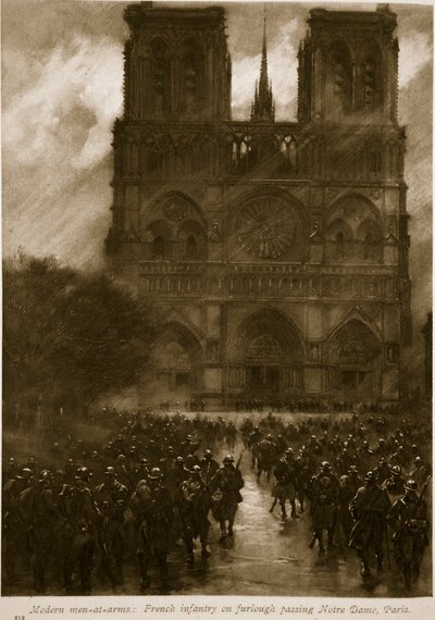 Moderne soldaten: Franse infanterie met verlof langs de Notre Dame, Parijs door French School