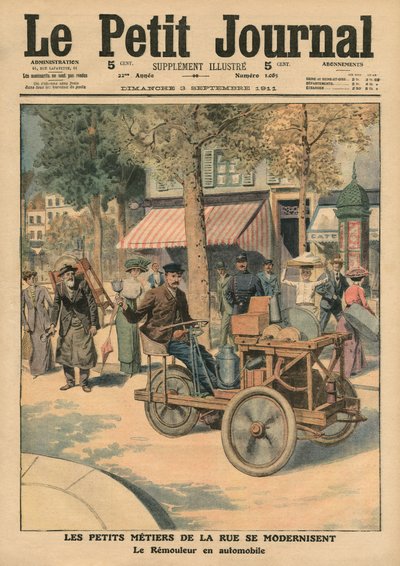 Modernisering van de straatberoepen, de messenslijper in zijn auto, illustratie uit 